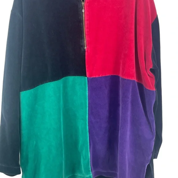 Vintage Retro 80's/90's Velvety Velour Color Block 3/4 Zip Pullover Sweatshirt - Picture 3 of 14